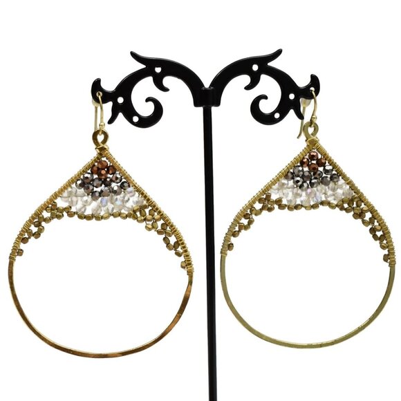 Artisan Drop Hoop Earrings Gold Tone Wire Wrapped Beads Clear Bronze Black Gold - Picture 1 of 4